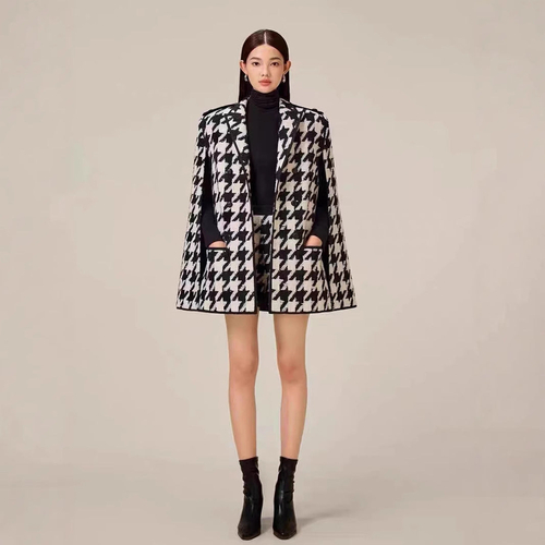 Houndstooth Woolen Cape Coat & Shorts ¨C Elegant & Fashionable Set